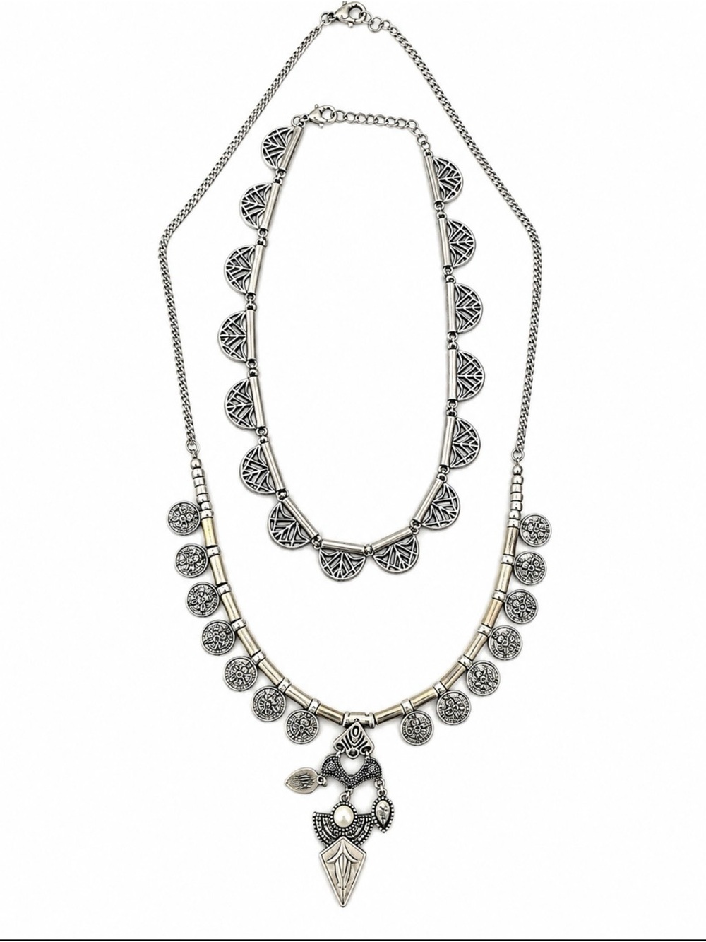 Bohemian Silver-Tone Layered Pendant Necklace - Women Jewelry 925 silver